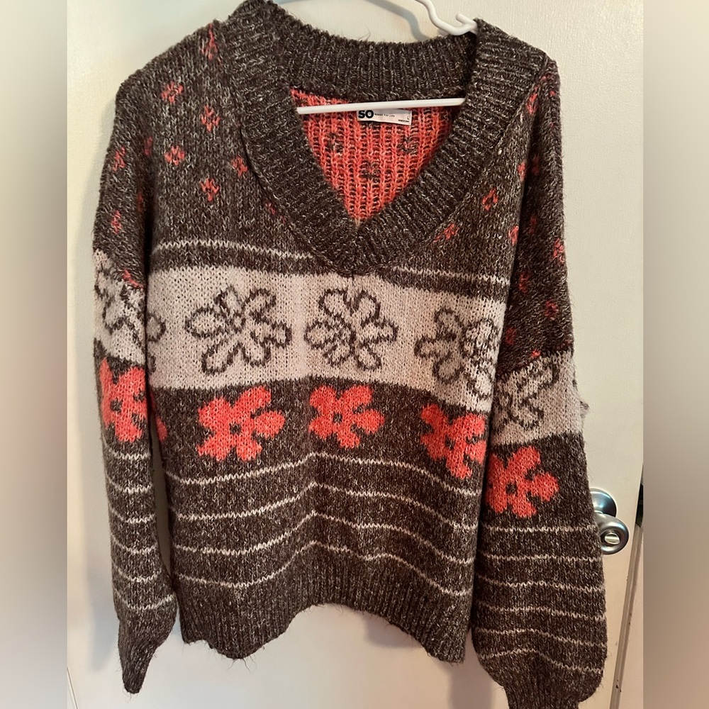 SO Brown and Pink V-Neck Sweater with Floral Design